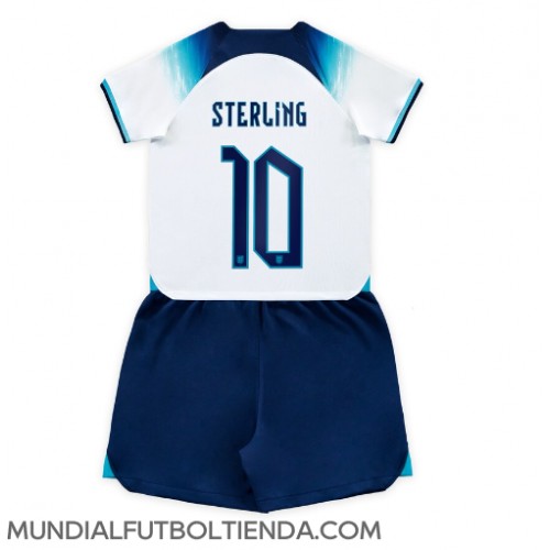 Camiseta Inglaterra Raheem Sterling #10 Primera Equipación Replica Mundial 2022 para niños mangas cortas (+ Pantalones cortos)